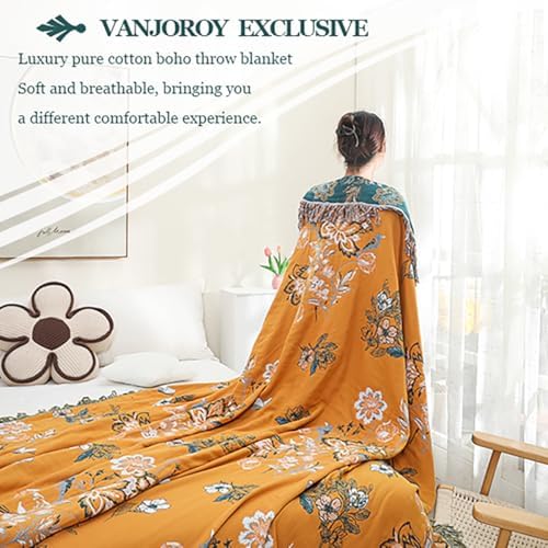 VANJOROY Boho Large Throw Blanket, 100% Organic Cotton Breathable Soft Bed Throw - Floral Bird Farmhouse Decor Blanket for Sofa Couch Chair Quilt and Gift. (Flower-Art, 60" x 80")