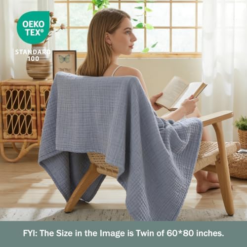 EMME Muslin Blankets for Adults Throw Blanket for Couch Breathable Gauze Soft Lightweight Airy Dusty Blue King 108" x 90"