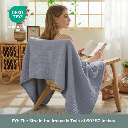 EMME Muslin Blankets for Adults Throw Blanket for Couch Breathable Gauze Soft Lightweight Airy Dusty Blue King 108" x 90"