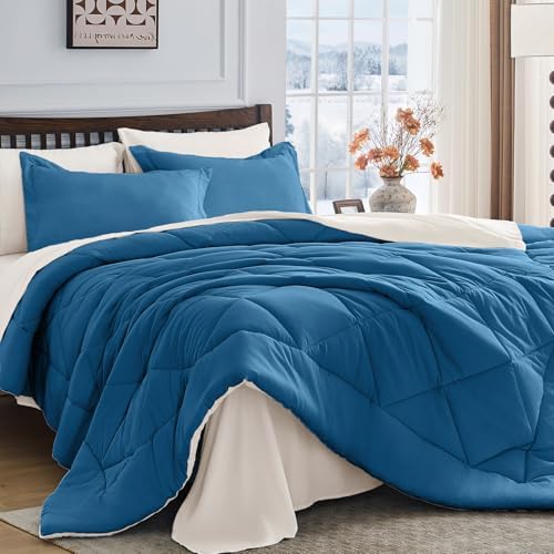 HEVUMYI 7-Piece Queen Comforter Set, Teal Blue & Ivory Bed in a Bag