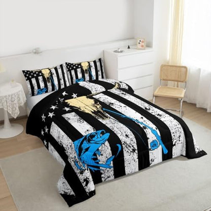 Erosebridal American Flag Bedding Sets Full, Hunting Fishing Comforter Set Cow Skull Quilted Duvet Fishing Rod United States Geometric Stripes Duvet Sets for Kids Teens Adult Bedroom, Black White