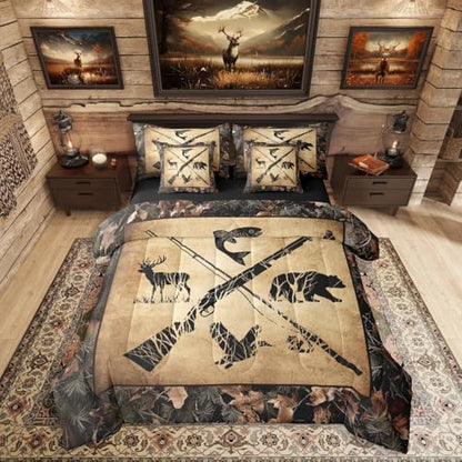 Erosebridal Hunting & Fishing Comforter Set Twin 7 Piece Tree Camo Bedding with Sheets for Kids & Adults Woodland Wildlife Bass Fish Duck Bear Deer Bed in A Bag Rustic Farmhouse Cabin Set