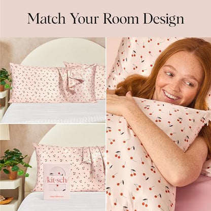 Kitsch Satin Pillowcase with Zipper - King Size, Cherry Print
