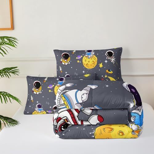 Grey Space Theme Comforter Set Twin ，Astronaut Twin Bedding Sets for Boys ，Twin Size Galaxy Bedding Set for Kids ，Outer Space Bedroom Decor for Boys