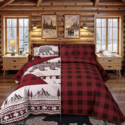 3 Piece Cabin Full/Queen Quilt Sets Christmas Rustic Reversible Microfiber Soft Lightweight Farmhouse Bedspread Comforter with 2 Shams Patchwork Country Lodge Bedding for All Season, 90''x96'', Red