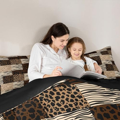 Manfei Black Leopard Comforter Set Twin Size,Cheetah Zebra Wildlife Animal Abstract Skin Bedding Set,Girls Boys Room Decor,Geometric Plaids Stripe Dot Quilt Comforter,Brown Duvet Insert,1 Pillowcase