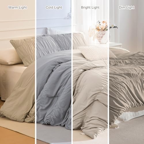 Masaca 120x120 Oversized Comforter King Size,Linen Like Textured Ruched California King Bed Comforter Set Soft Lightweight Fluffy Ruffle Farmhouse Shabby Bedding Set 3PCS