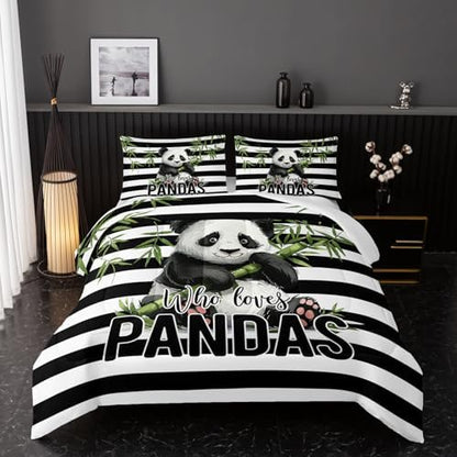Nttopship Panda Bedding Set, Kawaii Striped Animal Theme Comforter Set for Girls Kids Teens, Full Size Panda Bed Set with 2 Pillowcases