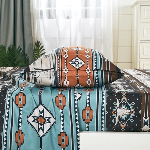 Chezmoi Collection 4-Piece Southwestern Cowboy Rodeo Sheet Set Queen Size - Multicolor Blue Brown Beige Clay Printed Brushed Microfiber Lightweight Breathable Deep Pocket Bed Sheets
