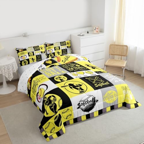Castle Fairy Softball Plaid King Size Comforter Set Kids Sports Theme Decor All Season Bedding Set for Girls Teens Yellow Black Gray Comforter Sports Softball Decor Quilt Set Bedroom Collection 3Pcs