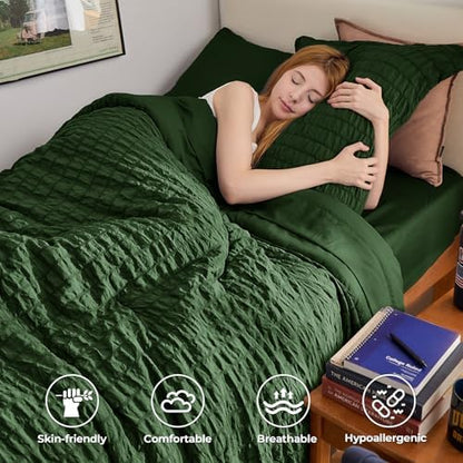 HYMOKEGE Dark Green Twin Comforter Set Seersucker 5 Pieces, All Season Luxury Bed in a Bag Queen for Bedroom, Bedding Set with Comforter, Sheets, Pillowcase & Sham