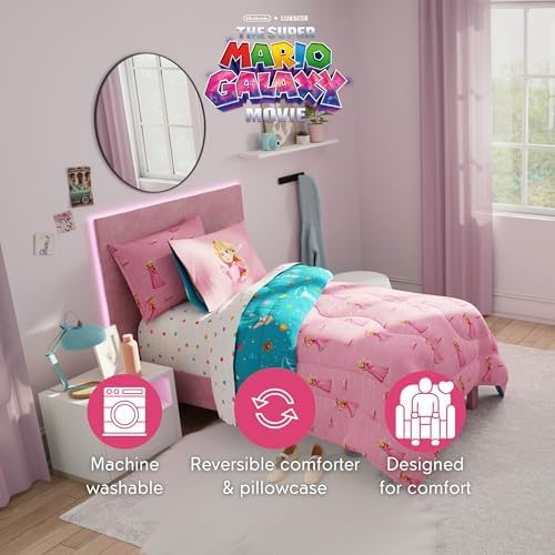 The Super Mario Galaxy Movie Bedding Set, Twin Size 5 Piece Set Kids Super Soft Cozy Reversible Comforter and Sheet Set with Sham, Princess Peach (100% Officially Licensed Product) by Franco
