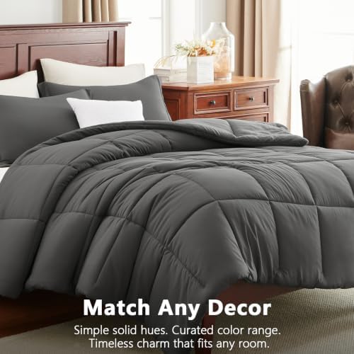 CozyLux Oversized Queen Comforter Set, 3-Piece Box-Stitched, Dark Grey