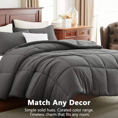 CozyLux Oversized Queen Comforter Set, 3-Piece Box-Stitched, Dark Grey