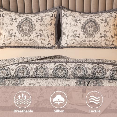 Nordic Style Queen Size Quilt Comforter Sets 3 Pieces Quilts (1 Quilt, 2 Pillow Shams) Nordic Bedding Set Printed Coverlet with Pillowcase Lightweight Bedspread Set for All Seasons(Grey)