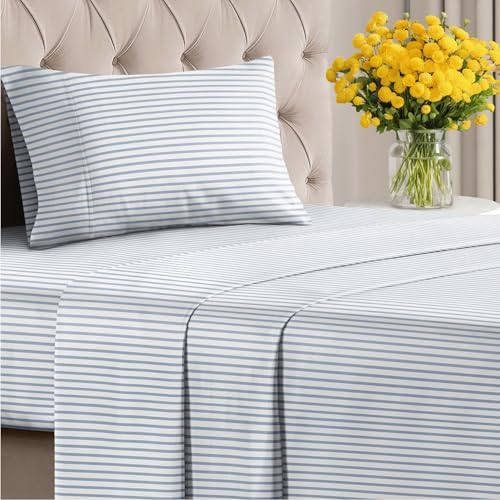 Twin 3 Piece Striped Sheet Set - Soft, Breathable & Cooling - Ocean Stripe