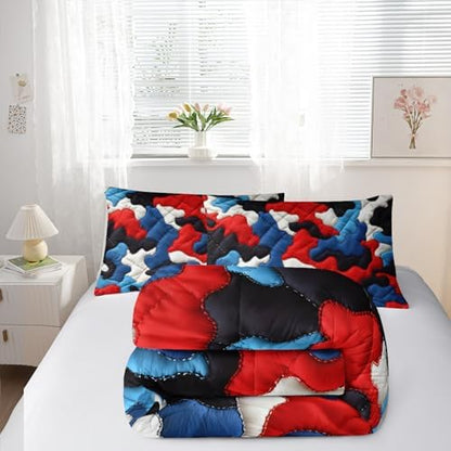 Nttopship Camouflage Bedding Set,Red Blue White Camouflage Pattern Style King Comforter Set for Adult Teens Camo Bed in A Bag 3 Pieces,Camo Pattern Room Decor with Comforter and 2 Pillow Case