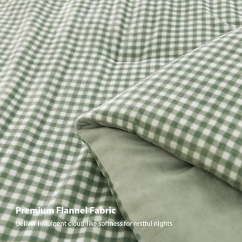 Litanika Velvet Flannel Gingham Comforter Set King, 3 Pcs Sage Blanket