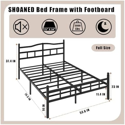 SHOANED 14 Inch Metal Bed Frame - Full Size Heavy Duty Bedframe with Headboard & Footboard Black Basic Steel Slats Platform No Box Spring Needed/Easy Assembly/Noise Free