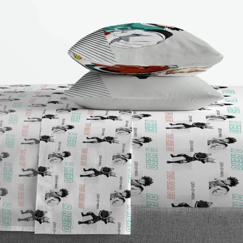 Jay Franco Kids Sheet Set with Fitted, Flat Sheets & Pillow Cover - Ultra-Soft Bedding with Pillowcase for Room Decor, White - My Hero Academia, 4 Piece Queen