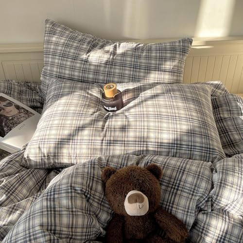 mixinni Twin XL Duvet Cover Set - 3 Piece Vintage Buffalo Plaid Bedding, 100% Washed Cotton Duvet Cover with 2 Pillowcases, Soft & Breathable Navy Beige White Geometric Grid Pattern for All Seasons