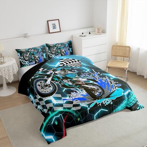 Erosebridal Racing Motorcycle Twin Comforter Set for Boys,Teal Neon Lights Honeycomb Bedding Set Dirt Bike Motocross Quilt Moto Extreme Sports Duvet Insert,Black White Lattice Buffalo Plaid Decor