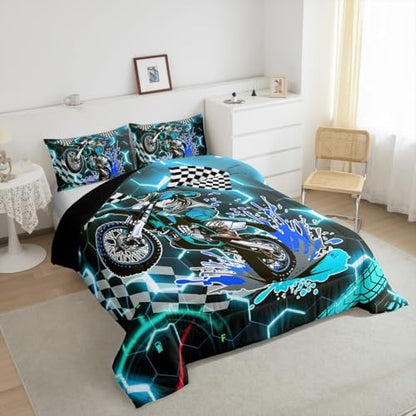 Racing Motorcycle Bedding Sets for Boys Girls,Teal Neon Lights Honeycomb Comforter Set King Dirt Bike Motocross Quilt Geometric Beehive Duvet Insert,Black White Grid Lattice Buffalo Plaid Decor
