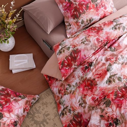 CASAAGUSTO King Comforter Set, 7 Piece Red Rose Floral Comforter Set with Flowers Leaves Pattern, Soft Seersucker Design All Season King Size Bedding Set