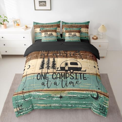 Erosebridal Camper Decor 7 Piece King Bed Set - Includes Comforter & Sheet Set Happy Camping Bedding - Rustic Farmhouse Vintage Wooden Door Bedding Comforter Sets for Kids Teens Adult, Green Brown