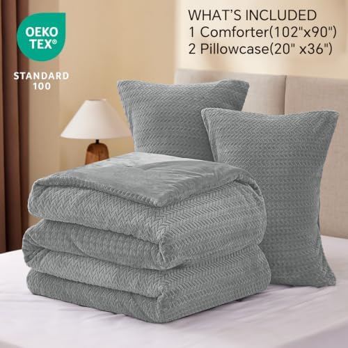 ChiXpace Fleece King Size Comforter Set Light Grey, Fluffy Bed Set 3 Pieces