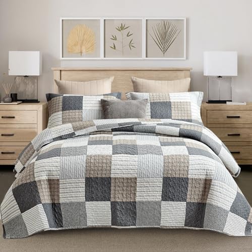 Y-PLWOMEN 100% Cotton Quilts Queen Size Farmhouse Plaid 3-Pieces Bedding