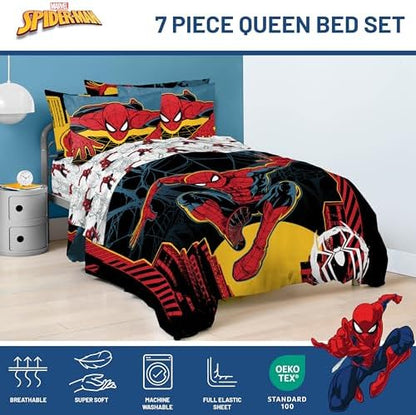 Jay Franco Kids Comforter Set Includes Sheets and Pillow Covers - Soft and Cozy Bed Set for Stylish Room Decor, Official Licensed Bedding, Black - Spiderman, 7 Piece Queen
