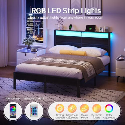 Liians Queen Size Black Metal Bed Frame with USB Type-C Charging Headboard, Smart LED Lights, Noise-Free Platform Bed, No Box Spring Needed, Easy Assembly