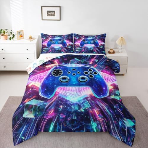 Erosebridal Galaxy Gaming Comforter Set 3D Cube Gamer Girl Toddler Bedding Set | Diamond Neon Lights Comforter Modern Game Consoles Quilt