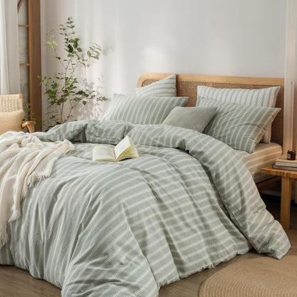 BESTOUCH Striped Cotton Duvet Cover Set Linen Feel Super King Plus