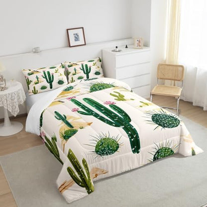 Manfei Desert Comforter Set Full Size Green Cactus Bedding Set 3pcs for Kids Boys Teens Botanical Duvet Insert Soft Microfiber Down Comforter with 2 Pillowcases