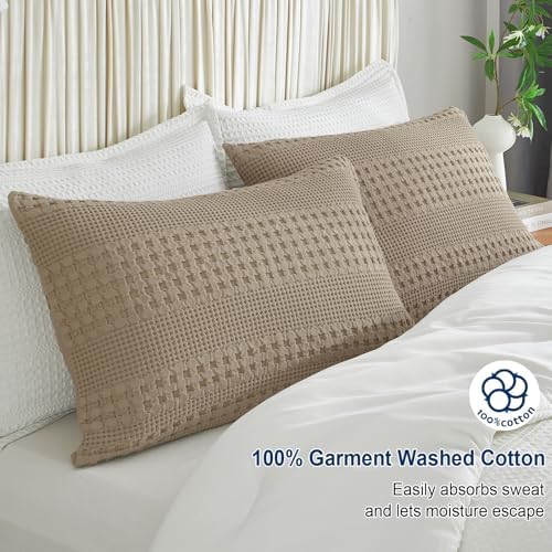 PHF 100% Cotton Waffle Pillow Shams Standard Size, 2 Pack 20" x 26" Soft Skin-Friendly Pillowcases, No Filling, Aesthetic Woven and Breathable Waffle Weave Pillow Case Covers for Bed, Simply Taupe