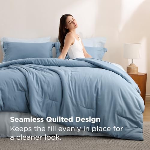 Bedsure Queen Bed in a Bag Grayish Blue Comforter Set Dual-Tone 7 Pieces