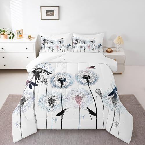 Castle Fairy Dragonfly Comforter Set Full Size,Colorful Dandelion Bedding 3pcs for Kids Girls Woman Adult Room Decor,Nature Flying Animals Plants Quilt Modern Boho Duvet Insert,2 Pillowcases,White