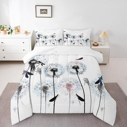 Castle Fairy Dragonfly Comforter Set Full Size,Colorful Dandelion Bedding 3pcs for Kids Girls Woman Adult Room Decor,Nature Flying Animals Plants Quilt Modern Boho Duvet Insert,2 Pillowcases,White
