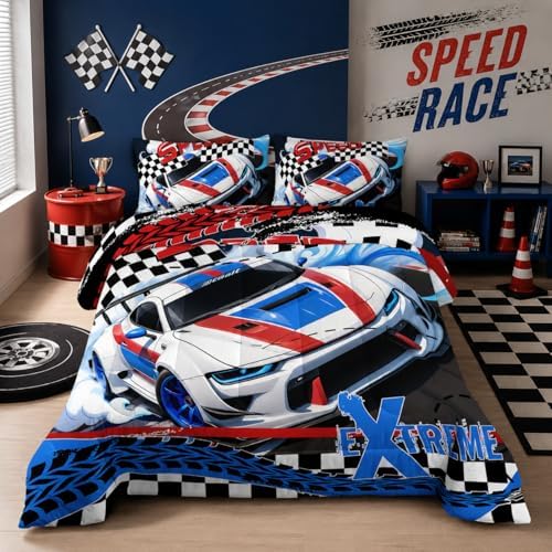 Nttopship Racing Car Comforter Set Queen Size,100% Soft Ultra-fine Fiber Four Season Speed Theme Bedding Set with 1 Comforter and 2 Pillow Case