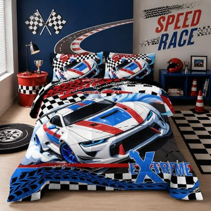 Nttopship Racing Car Comforter Set Queen Size,100% Soft Ultra-fine Fiber Four Season Speed Theme Bedding Set with 1 Comforter and 2 Pillow Case