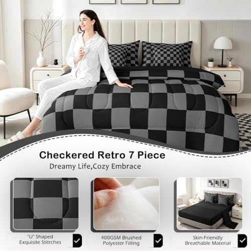 Checkered Retro Comforter Set Queen Size 7 Pieces Black Grey Plaid Bedding Set for Kids Boys Girls Geometric Vintage Bed in a Bag Modern Simple Groovy Aesthetic Bedroom Decor Quilted Lightweight