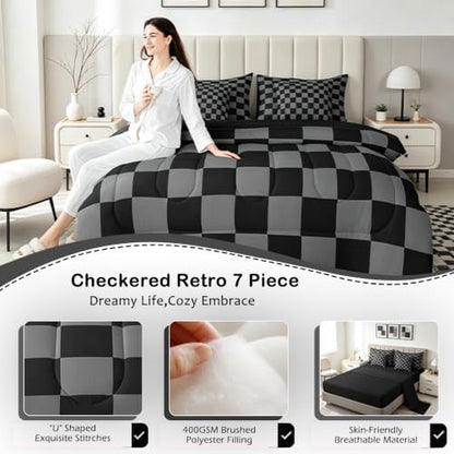Checkered Retro Comforter Set Queen Size 7 Pieces Black Grey Plaid Bedding Set for Kids Boys Girls Geometric Vintage Bed in a Bag Modern Simple Groovy Aesthetic Bedroom Decor Quilted Lightweight