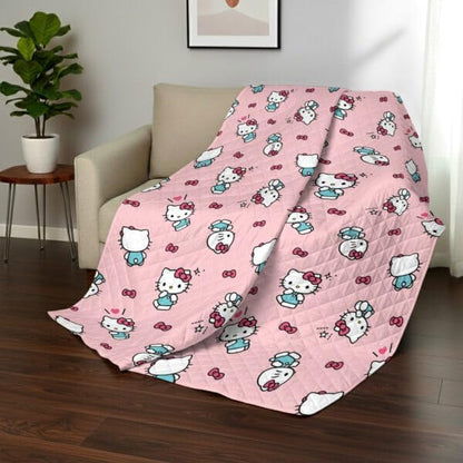 Northwest Hello Kitty Sweet As Can Be Reversible Quilted Throw, Kawaii Cozy Fantasy Throw, Gift for Anime Fans or Game Room Décor, 90 x 90 Inches