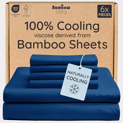 Bambaw King Sheet Set 6pcs – 100% Viscose Derived from Bamboo Sheets, Buttery Soft Bed Sheets, Cooling Sheets for Hot Sleepers, King Bed Sheets with Corner Straps, Fits Up to 16'' (Navy Blue)
