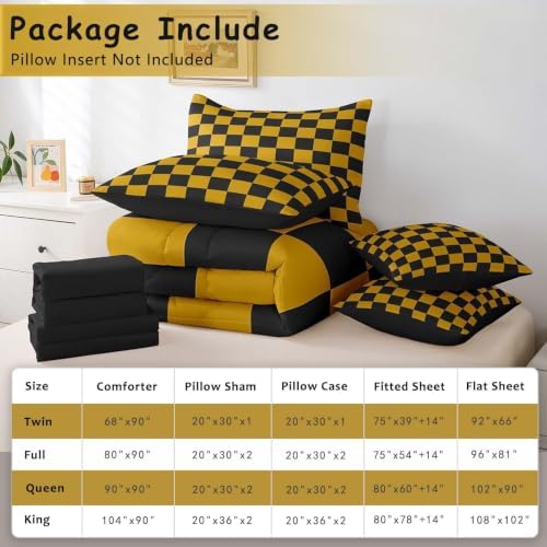Feelyou Checkered 7 Piece Bedding Set Teen Yellow Black Plaid Comforter Set with Sheets Full Size Kids Boys Cute Retro Neutral Checkerboard Geometric Bed in a Bag Vintage Aesthetic Room Decor