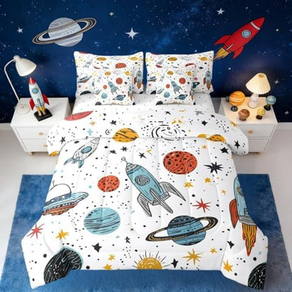 Erosebridal Outer Space Rocket 7 Piece Bedding Set Queen Galaxy Comforter Set with Sheets Kids Boys Cartoon Bed in A Bag Universe Starry Sky Cosmos Bed Sets with 2 Pillowcases, 2 Throw Pillow Covers