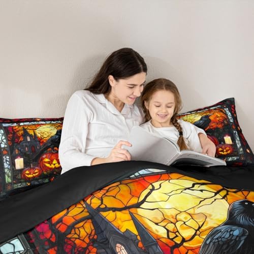 Crow Kids Comforter Set Twin Size,Halloween Pumpkin Lantern Lamp Gothic Bedding Set,Girls Boys Room Decor,Castle Branch Geometric Patchwork Quilt Comforter,Black Retro Duvet Insert,1 Pillowcase