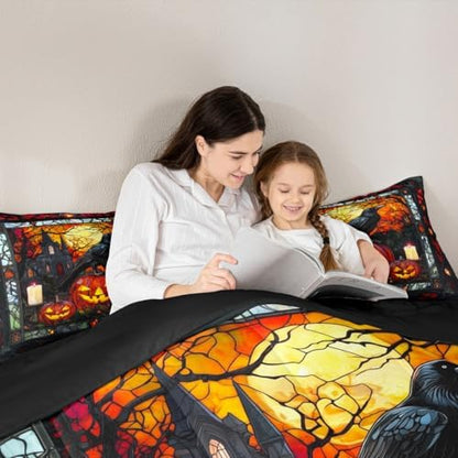 Crow Kids Comforter Set Twin Size,Halloween Pumpkin Lantern Lamp Gothic Bedding Set,Girls Boys Room Decor,Castle Branch Geometric Patchwork Quilt Comforter,Black Retro Duvet Insert,1 Pillowcase